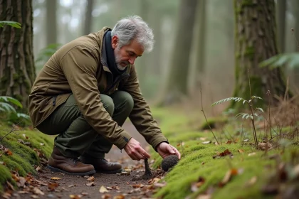 Naturaliste observant des excréments dans la forêt au printemps