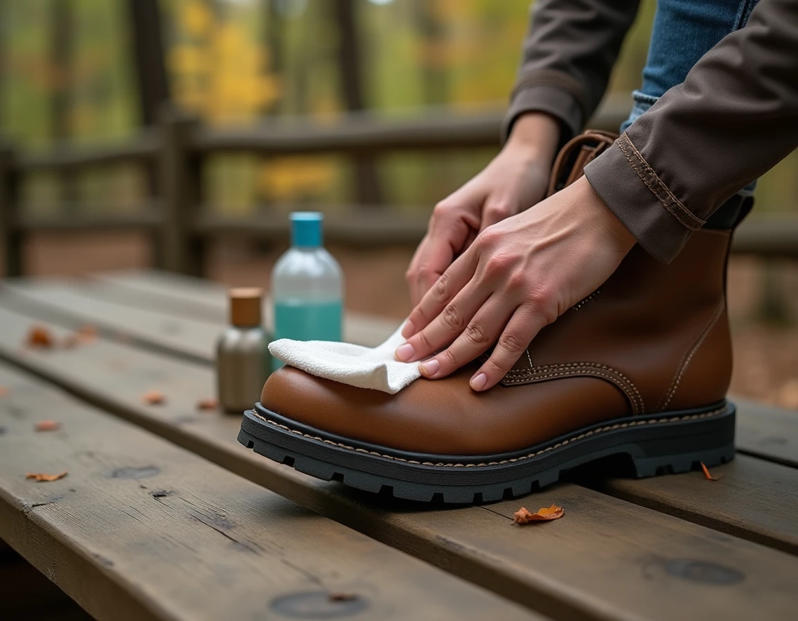 Femme nettoyant la semelle de sa chaussure de randonnée avec une lingette pour éliminer les risques liés aux excréments de renard