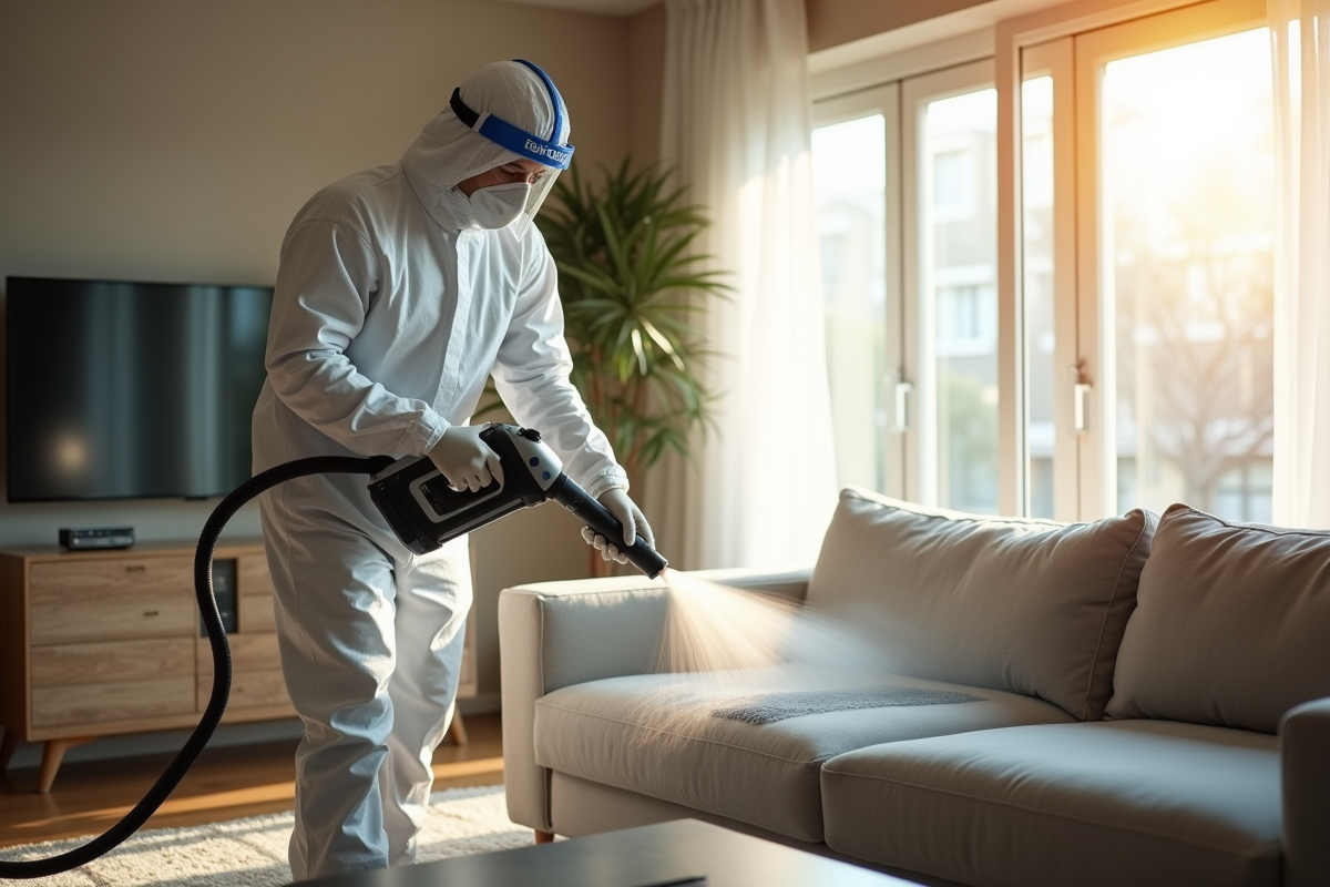 Professionnel utilisant un nettoyeur vapeur sur un canapé dans un salon moderne