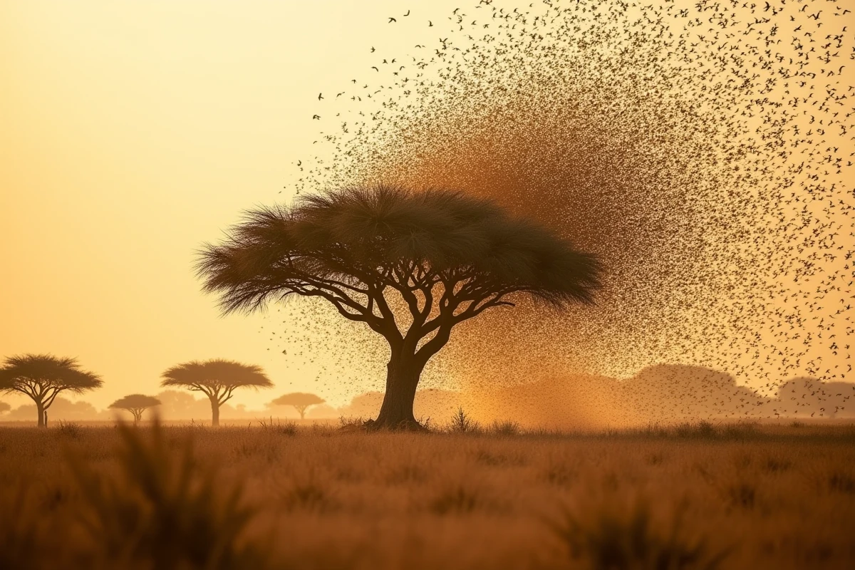 Nuée de mange-mil à bec rouge s'envolant d'un acacia dans la savane africaine au coucher du soleil