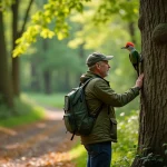 Observateur d'oiseaux dans la forêt avec un pic vert