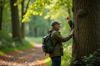 Observateur d'oiseaux dans la forêt avec un pic vert