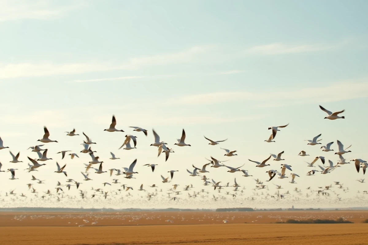 Vol en formation de bernaches blanches migrant en V au-dessus de champs agricoles en automne