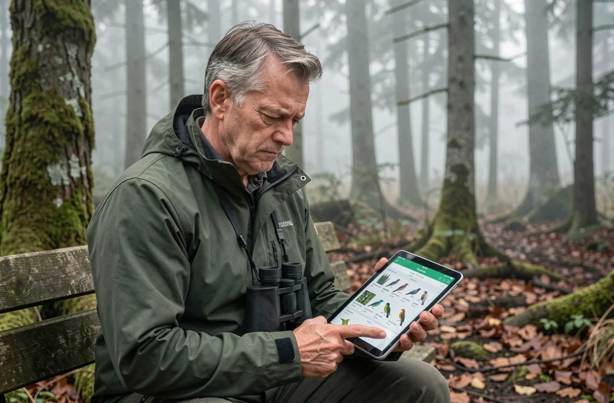 Ornithologue amateur consultant une appli d'identification d'oiseaux avec résultats incertains en forêt