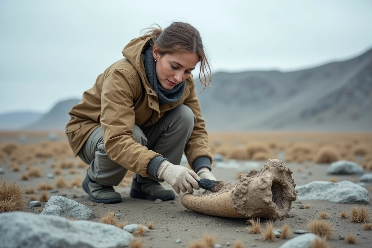 Paléontologue excavant un os fossilisé dans le pergélisol arctique, évoquant les recherches sur la disparition des mammouths et des mégafaunes glaciaires