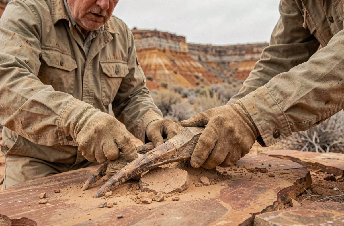 Paléontologue extrayant une griffe fossile de théropode carnivore dans un site de fouilles en terrain aride