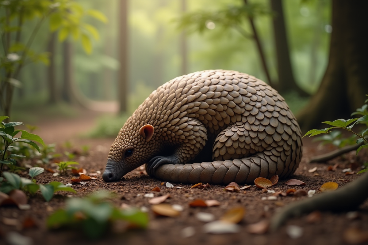 Pangolin enroulé sur le sol de la forêt avec lumière naturelle