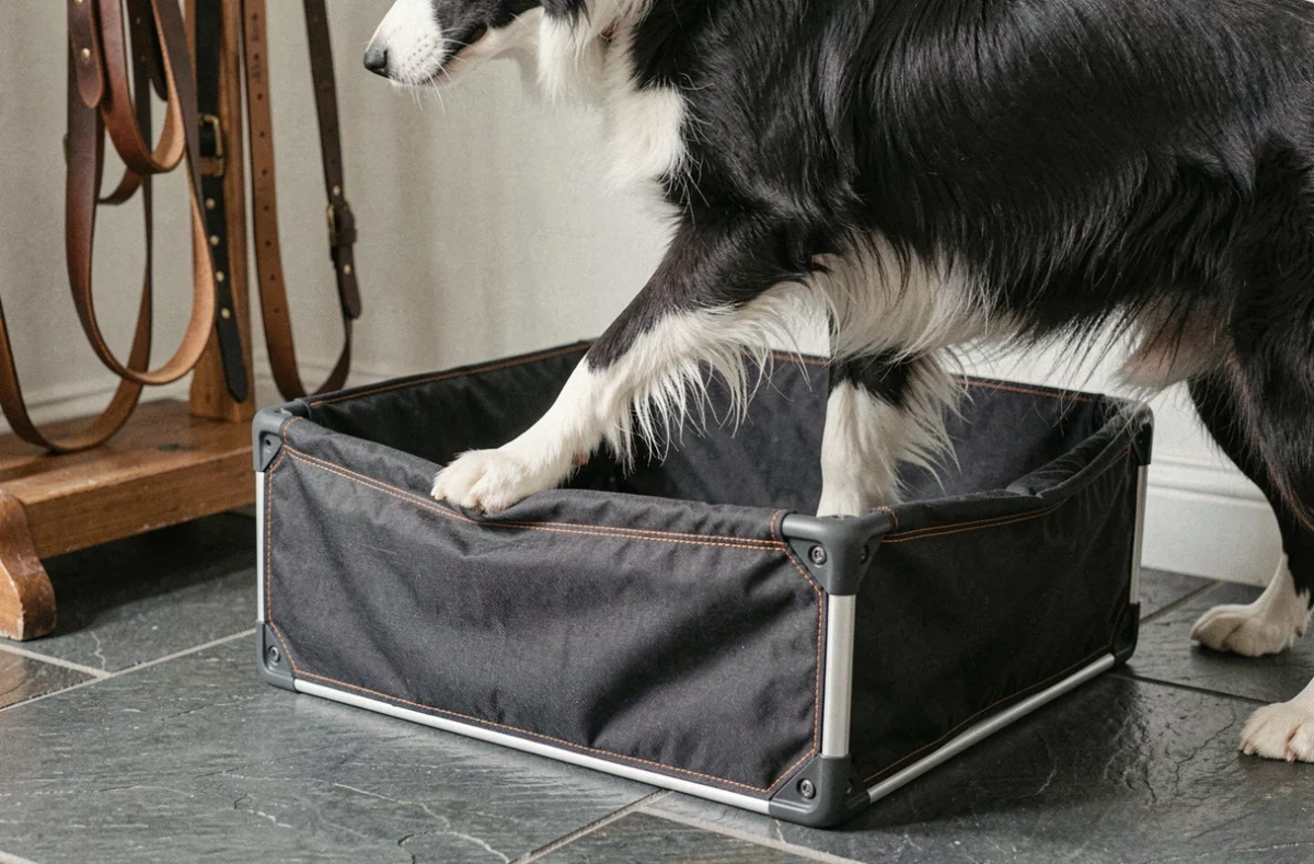 Détail rapproché d'un panier chien ultra résistant en nylon balistique avec coins en aluminium et intérieur mousse mémoire dans une entrée de maison