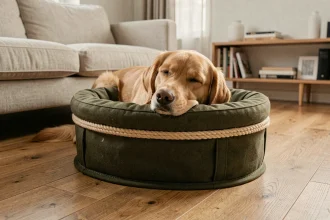 Chien golden retriever allongé dans un panier en toile résistante vert olive posé sur un parquet en chêne dans un salon scandinave moderne