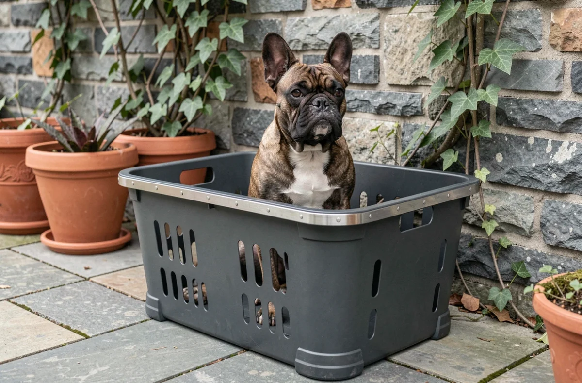 Bouledogue français assis dans un panier robuste en plastique moulé et acier inoxydable sur une terrasse en pierre avec plantes méditerranéennes