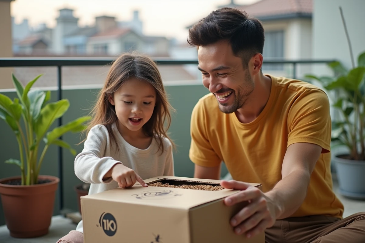 Père et fille découvrent un kit fourmiliere sur le balcon