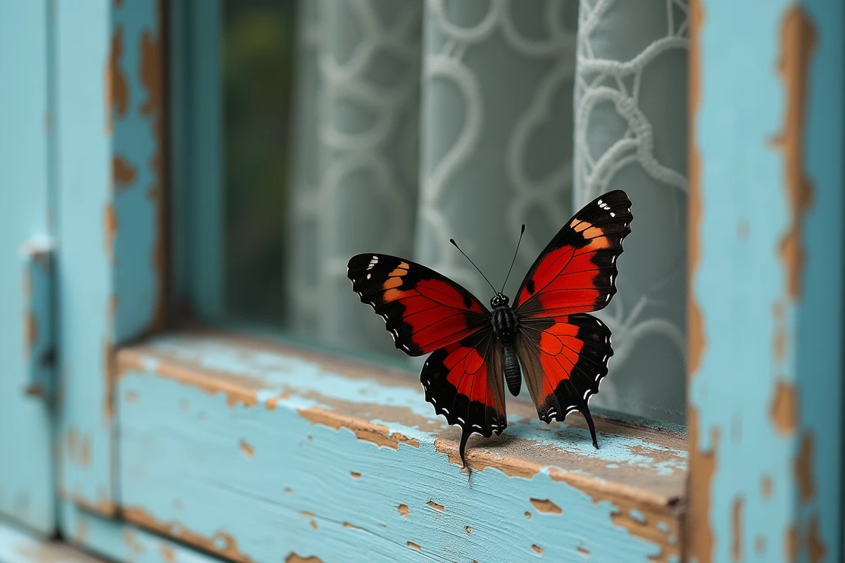 Papillon rouge et noir sur le rebord d'une fenêtre en bois d'un chalet traditionnel d'Europe de l'Est, folklore et superstitions