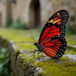 Papillon rouge et noir posé sur un mur de pierre moussu dans la campagne européenne, symbolisme et croyances populaires