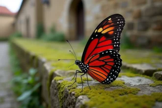 Papillon rouge et noir posé sur un mur de pierre moussu dans la campagne européenne, symbolisme et croyances populaires