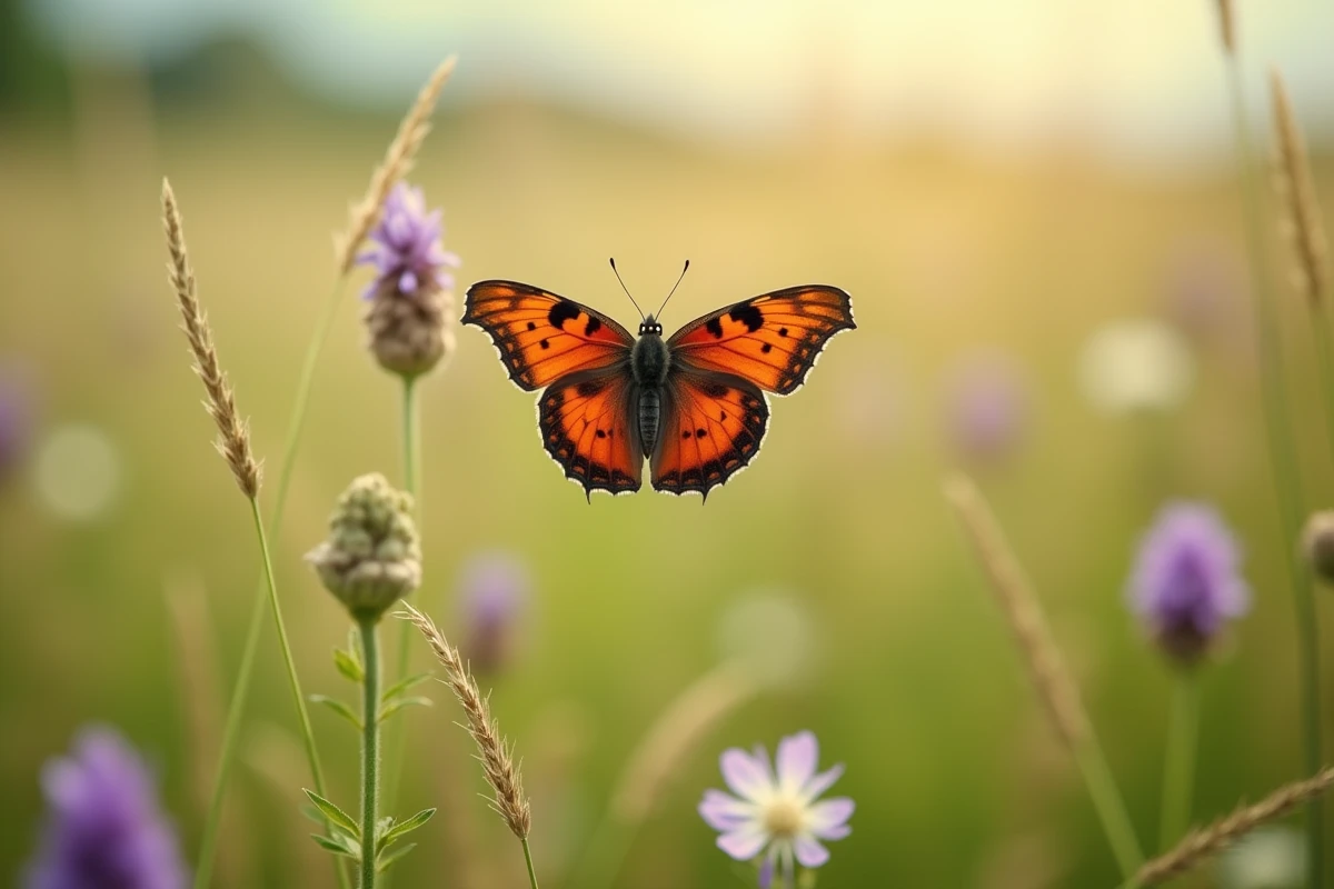 Papillon rouge et noir en vol au-dessus d'une prairie de fleurs sauvages en France, signification symbolique dans les croyances européennes