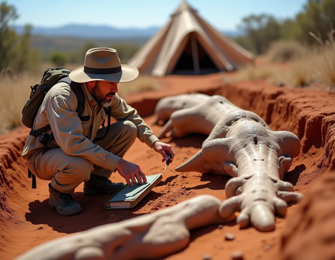 Paléontologue mesurant un fémur géant de Patagotitan sur un site de fouilles en Patagonie, illustrant le manque de documentation complète sur ce nouveau dinosaure géant