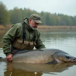 Pêcheur tenant un silure géant dans une rivière boueuse, illustrant la pêche du plus gros silure du monde
