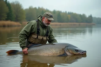 Pêcheur tenant un silure géant dans une rivière boueuse, illustrant la pêche du plus gros silure du monde
