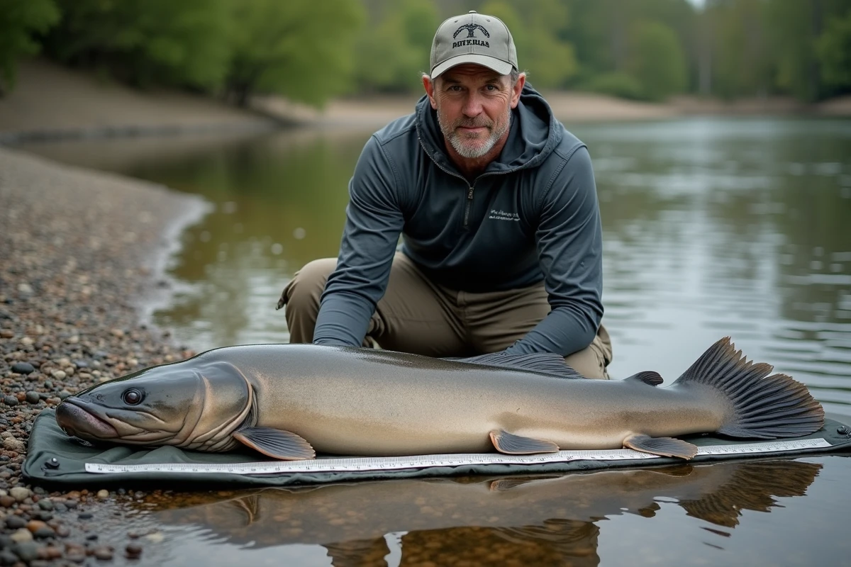 Pêcheur agenouillé près d'un silure record mesuré sur un tapis de pesée au bord de la rivière