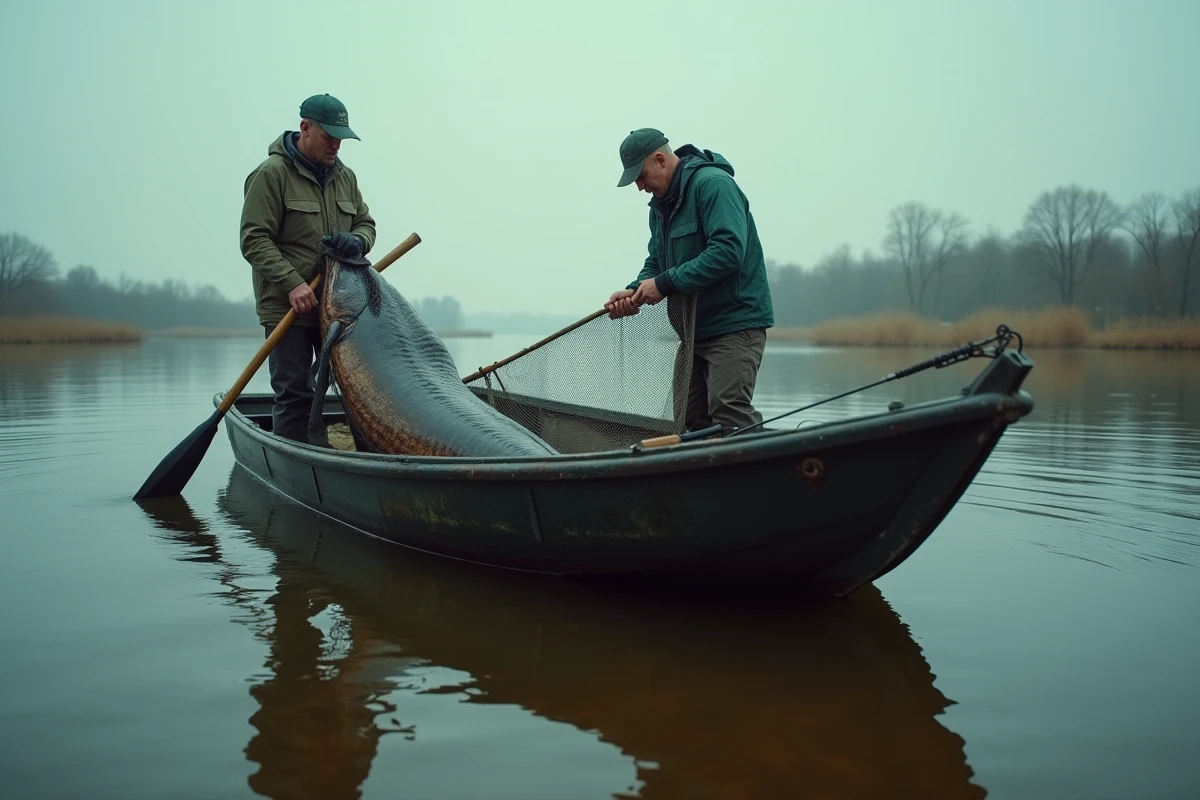 Deux pêcheurs remontant un silure immense dans un bateau de pêche sur un fleuve européen au crépuscule
