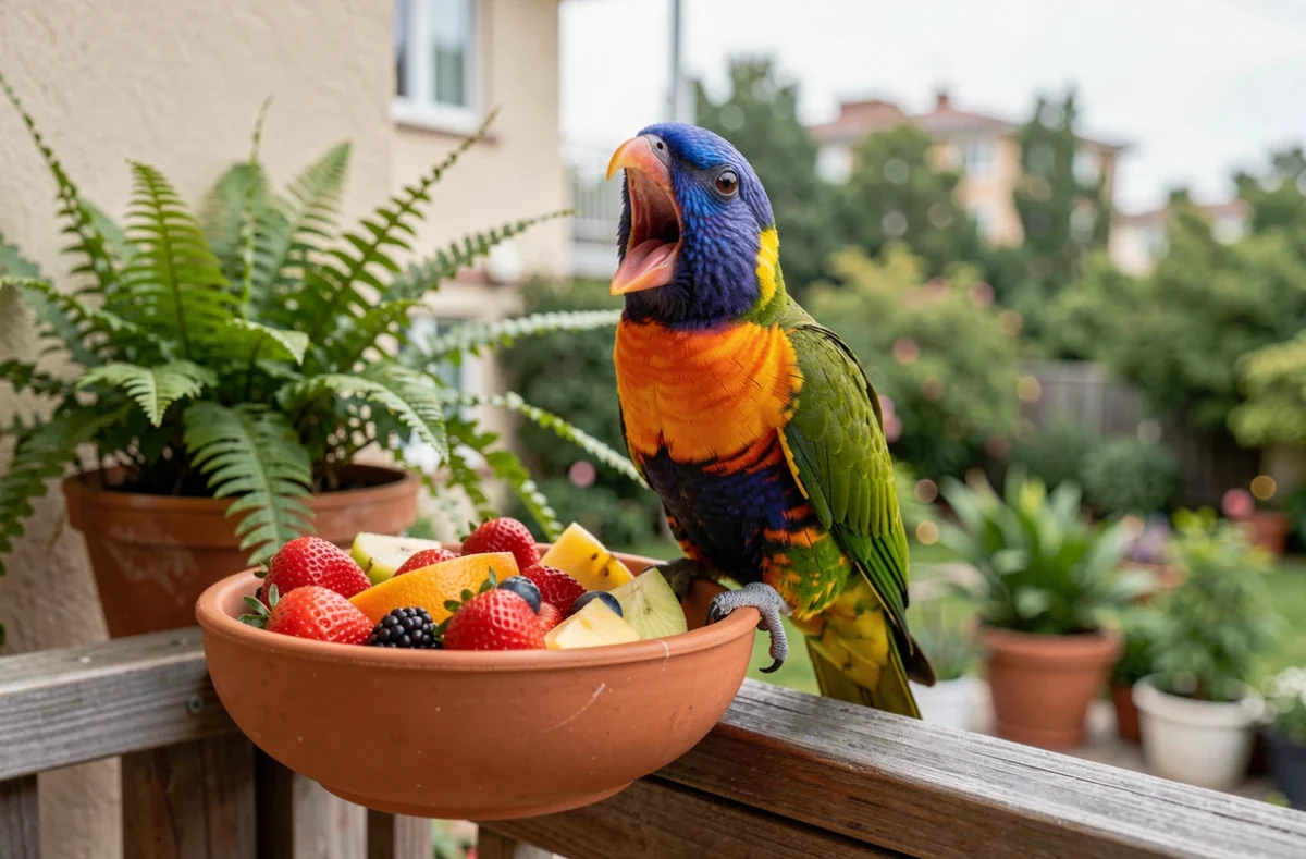 Perruche omnicolore criante sur une balustrade de balcon en bois avec un bol de fruits frais