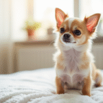 Chihuahua blanc assis sur une couverture dans un salon lumineux