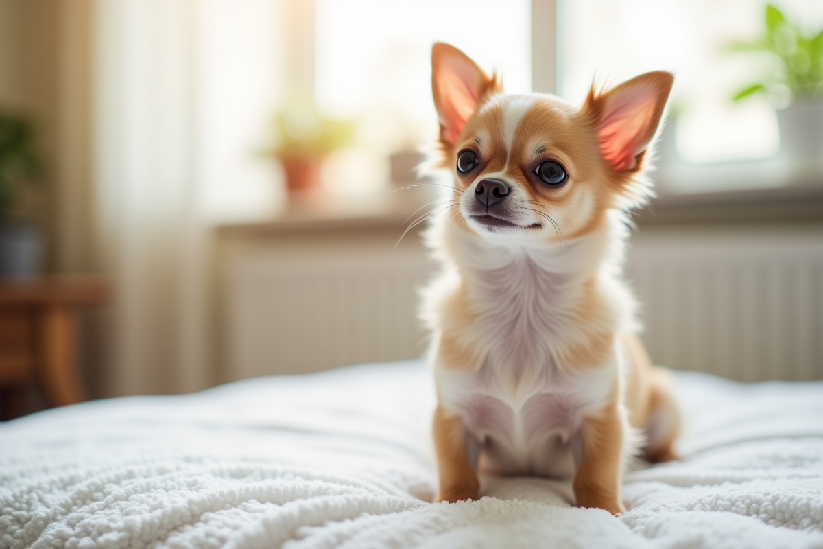 Chihuahua blanc assis sur une couverture dans un salon lumineux