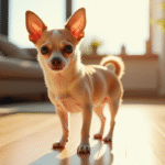Chihuahua debout sur un sol en bois lumineux dans un salon moderne