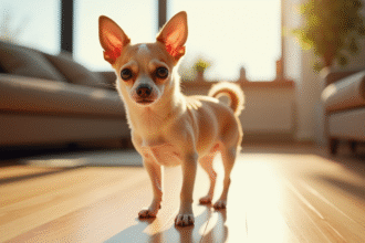 Chihuahua debout sur un sol en bois lumineux dans un salon moderne