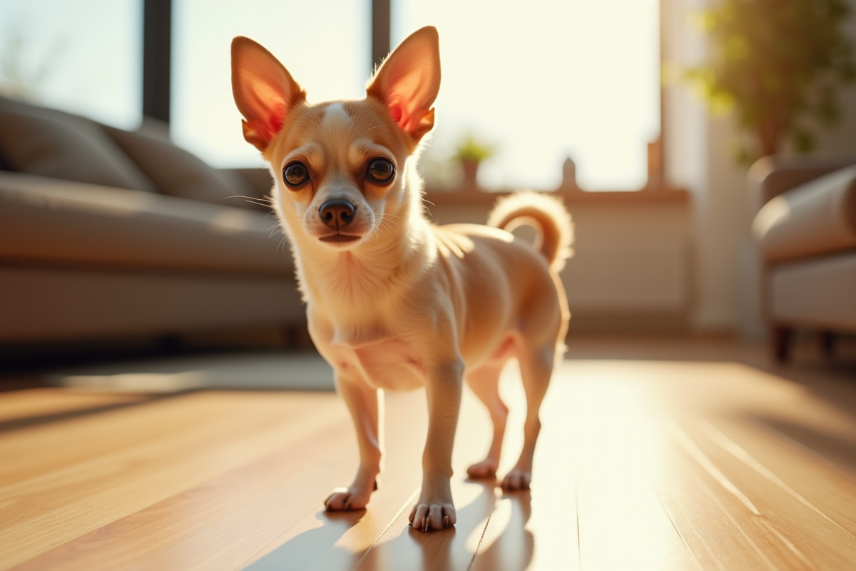 Chihuahua debout sur un sol en bois lumineux dans un salon moderne