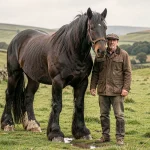 Immense cheval de trait Shire en plein air, debout dans une prairie verte aux côtés d'un homme adulte qui souligne sa taille exceptionnelle