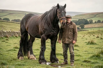 Immense cheval de trait Shire en plein air, debout dans une prairie verte aux côtés d'un homme adulte qui souligne sa taille exceptionnelle