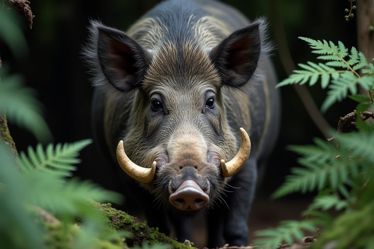 Portrait rapproché d'un sanglier imposant aux défenses prononcées émergeant des fourrés, détail illustrant la morphologie des sangliers de taille record