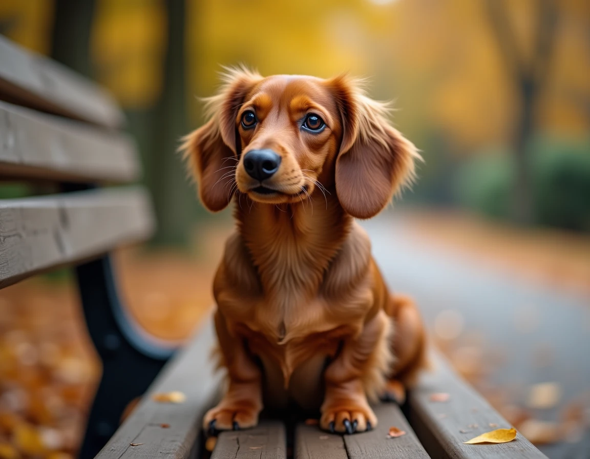 Portrait en gros plan d'un teckel nain à poil long sur un banc en automne, mettant en valeur la tête et le pelage soyeux caractéristiques du standard