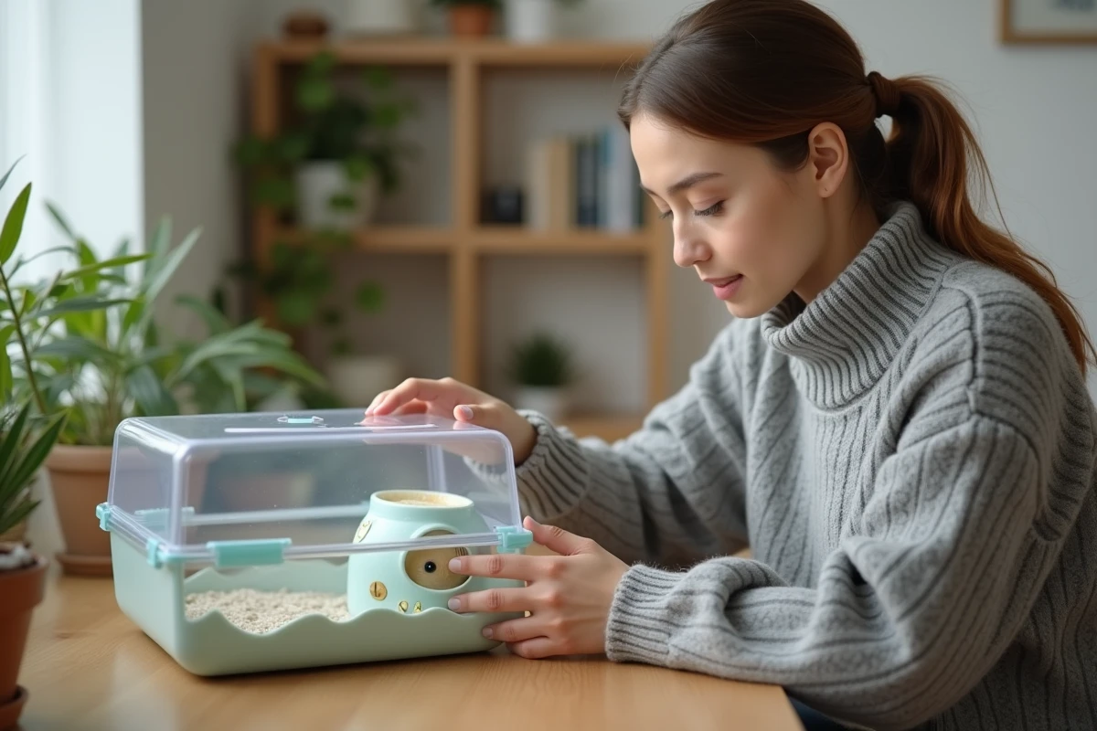 Jeune femme préparant une cage de maternité pour son hamster en gestation à la maison, conseils pratiques actualisés pour la période de gestation du hamster