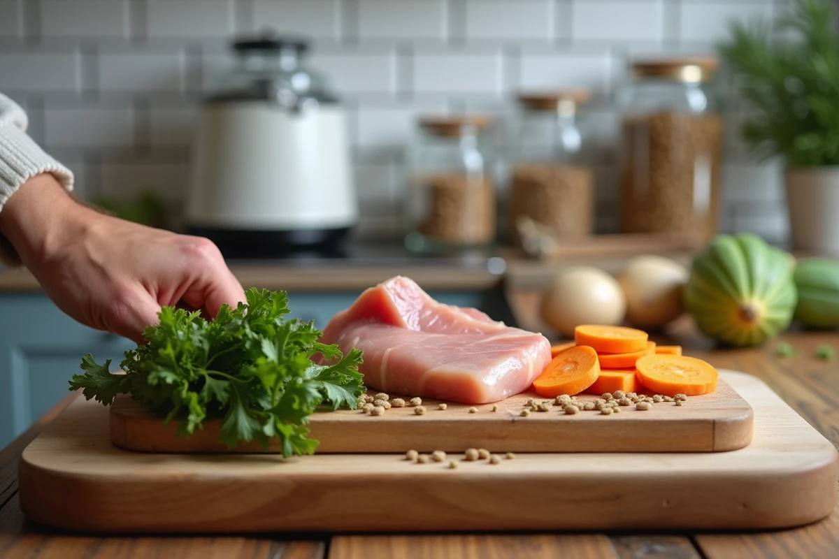 Préparation d'un repas cru équilibré pour un chien de type Bully avec viande et légumes frais