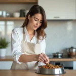 Femme préparant des portions de repas frais pour chien dans une cuisine moderne, comparaison Dogfy Diet et Dog Chef