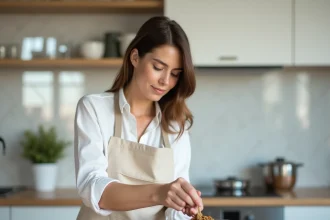 Femme préparant des portions de repas frais pour chien dans une cuisine moderne, comparaison Dogfy Diet et Dog Chef