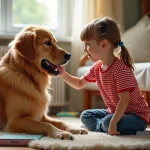 Jeune fille observant calmement la gueule d'un golden retriever dans un salon familial, évaluation du comportement du chien avec enfants