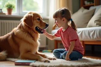 Jeune fille observant calmement la gueule d'un golden retriever dans un salon familial, évaluation du comportement du chien avec enfants