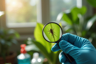 Main gantée retirant de la plante des parasites avec des pinces