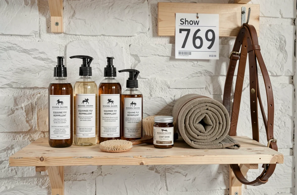 Produits anti-mouches et accessoires de soin pour cheval organisés dans une sellerie de concours