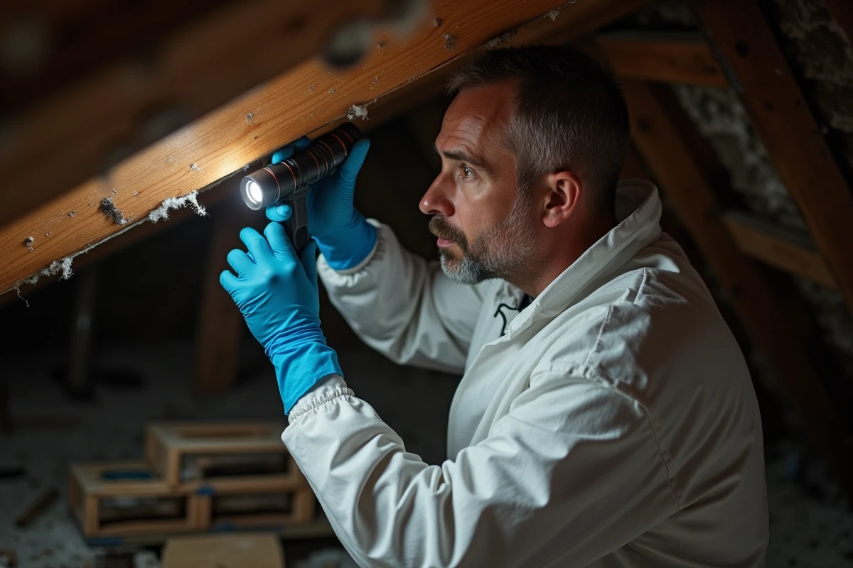 Professionnel de la désinsectisation inspectant une charpente en bois dans un grenier pour détecter des insectes noirs