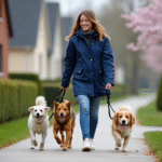 Jeune femme souriante avec chiens dans un quartier résidentiel