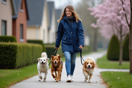 Jeune femme souriante avec chiens dans un quartier résidentiel