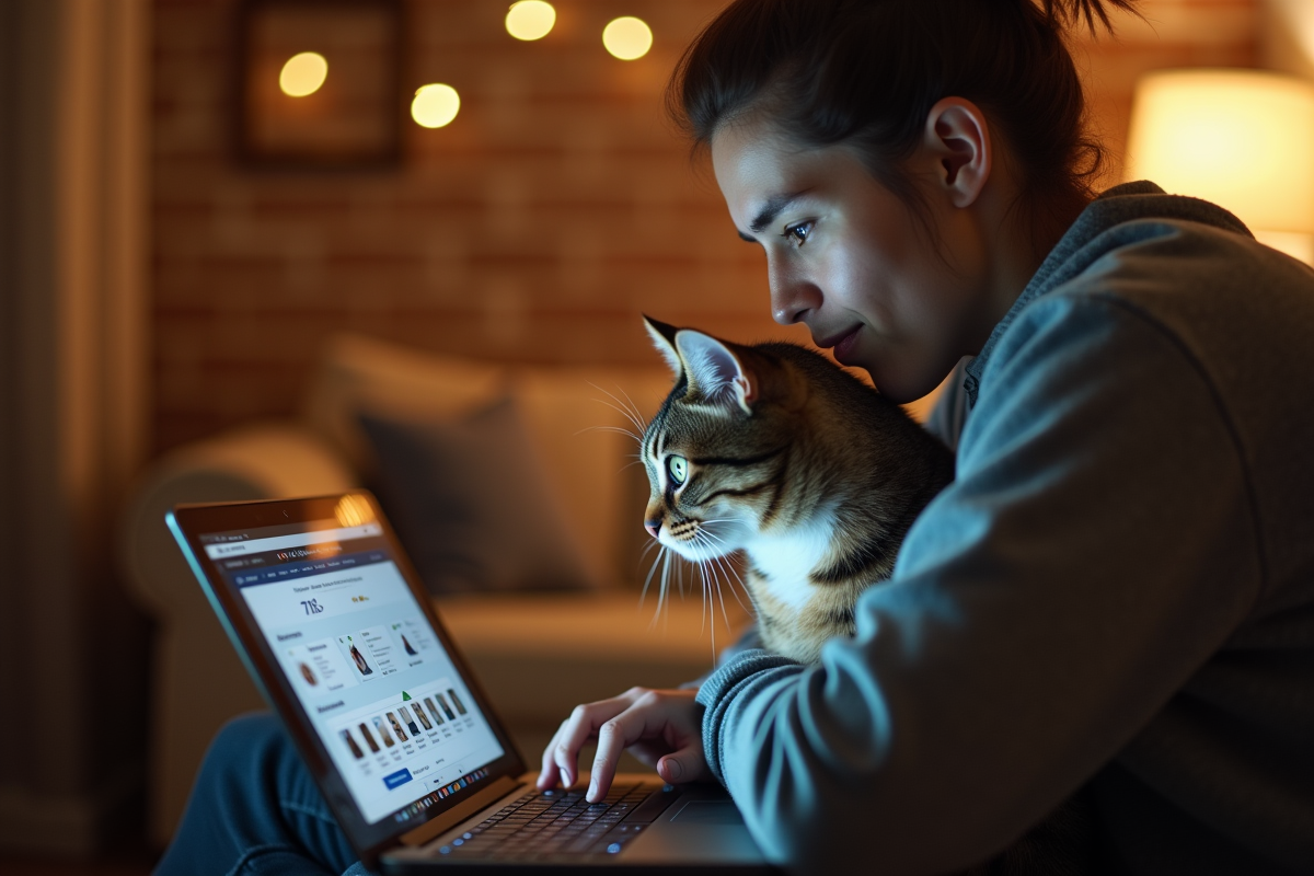 Propriétaire avec son chat regardant un portail santé en ligne