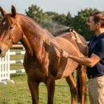 Palefrenier appliquant un répulsif anti-mouches sur un cheval bai avant un concours équestre en plein air
