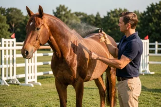Palefrenier appliquant un répulsif anti-mouches sur un cheval bai avant un concours équestre en plein air