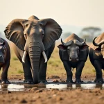 Quatre animaux africains au bord de la rivière au lever du soleil