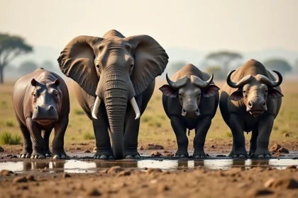 Quatre animaux africains au bord de la rivière au lever du soleil